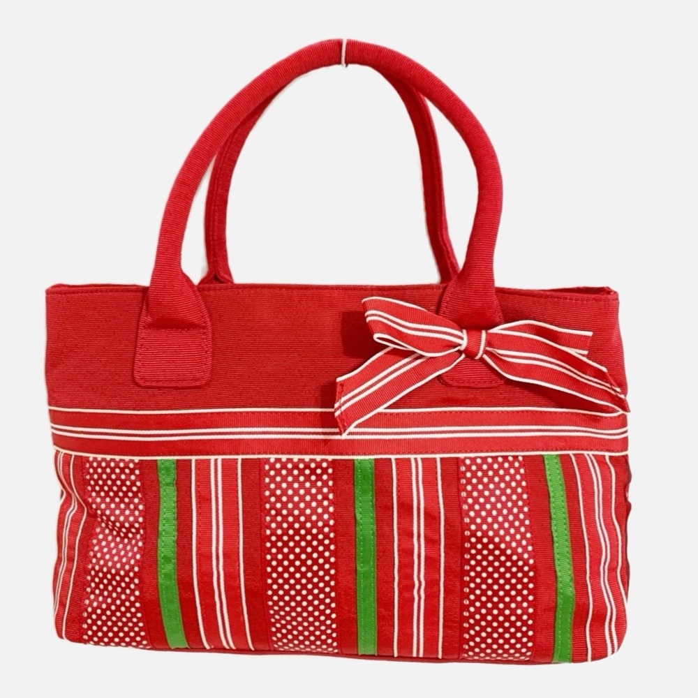 TALBOTS Fully Lined Grosgrain Ribbon Bow Striped Tote Bag Purse Handbag 🟥🟩⬜️